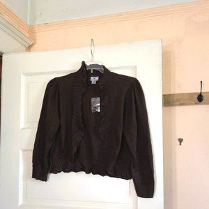 NWOT Worthington Brown Cropped Sweater Open Front with Ruffle Detail Size M